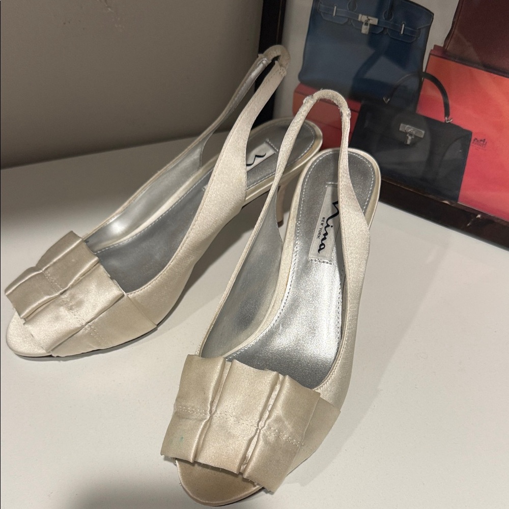 Nina Cream Peep-Toe Slingback Heels